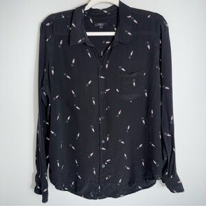 Rails Kate 100% Silk Blouse Top-Button Front-Black Lipstick Print-Large